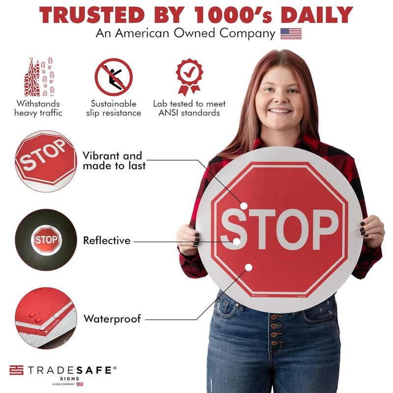 TRADESAFE Stop Anti-Slip Floor Sticker - Stop Decal Floor Sign, Peel and Stick Adhesive Vinyl Sign, ANSI-Compliant, 17” Diameter Round Sticker - Image 2