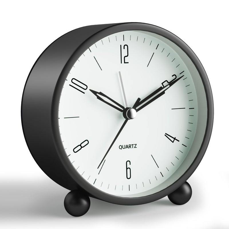 Jall Analog Alarm Clock 4 inch Super Silent Non Ticking Small Clock with Night Light Battery Operated Simple Design Old Fashioned Style Black Decor for Bedroom Bedside Desk Adult Kid Gift Black