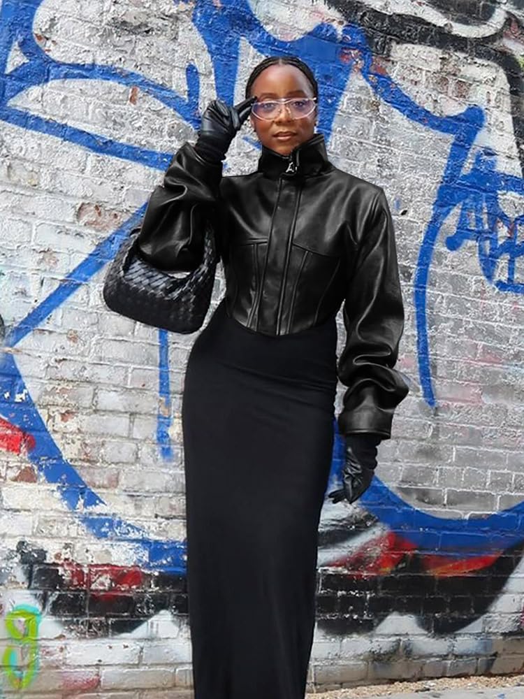 YOUFE Women Faux Leather Jacket Retro Zip Up Motorcycle Long Sleeve Crop Bomber Jacket Y2K Irregular Leather Coat Streetwear - Image 3