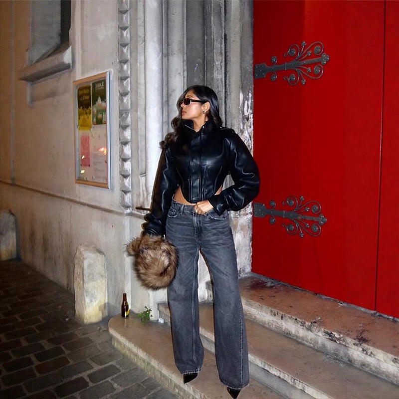 YOUFE Women Faux Leather Jacket Retro Zip Up Motorcycle Long Sleeve Crop Bomber Jacket Y2K Irregular Leather Coat Streetwear - Image 5