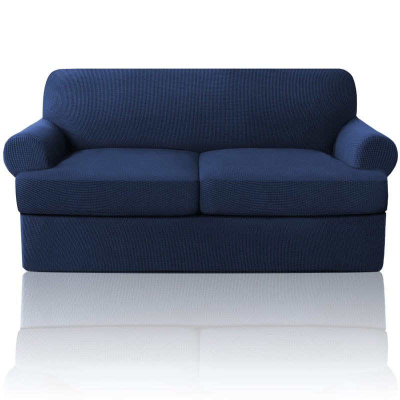 PrinceDeco T Cushion Loveseat Slipcover 3 Pieces Sofa Covers for T Cushion Sofa Stretch Slip Covers for 2 Cushion Couch with 2 Individual T Shape Seat Covers Width Up to 72 Washable Navy