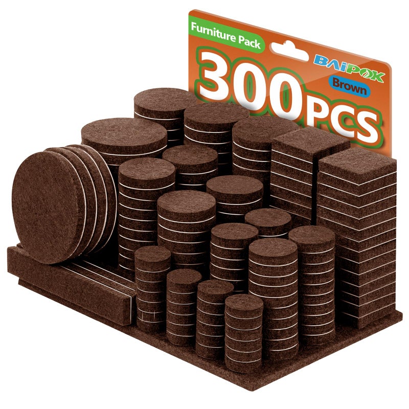 BAIPOK Furniture Pads Felt Pads 300 Pieces Huge Pack Furniture Felt Pads, Self Adhesive Anti Scratch Floor Protectors for Furniture on Hardwood Tile Floor, with 60 Cabinet Door Bumpers, Brown - Image 1
