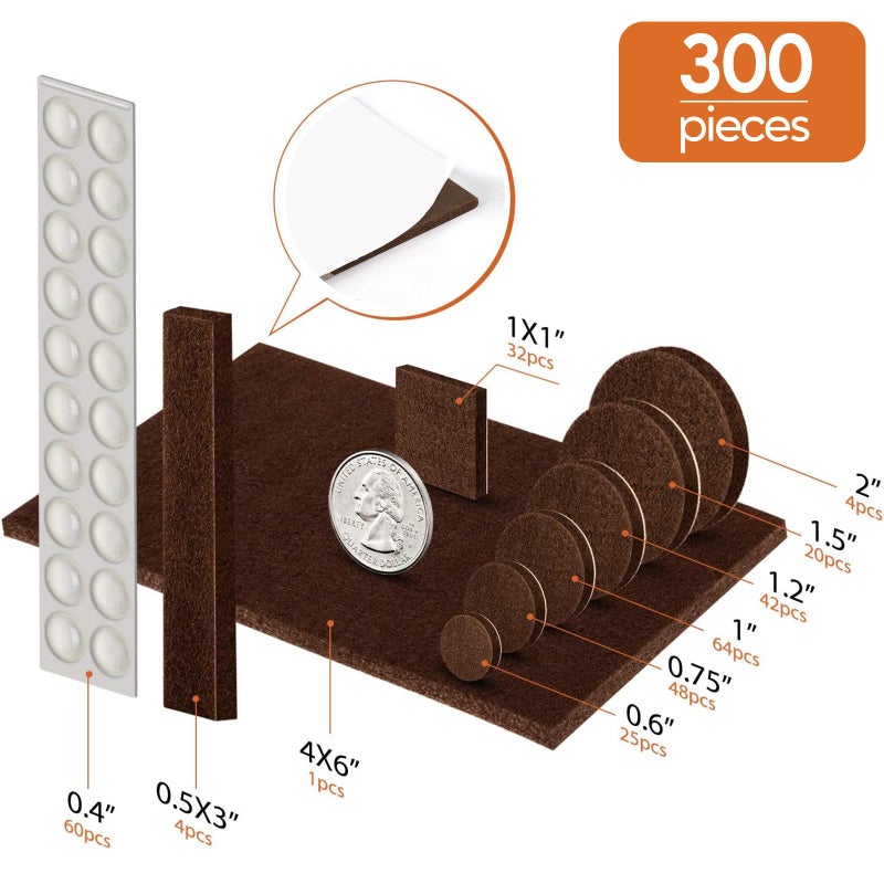 BAIPOK Furniture Pads Felt Pads 300 Pieces Huge Pack Furniture Felt Pads, Self Adhesive Anti Scratch Floor Protectors for Furniture on Hardwood Tile Floor, with 60 Cabinet Door Bumpers, Brown - Image 4