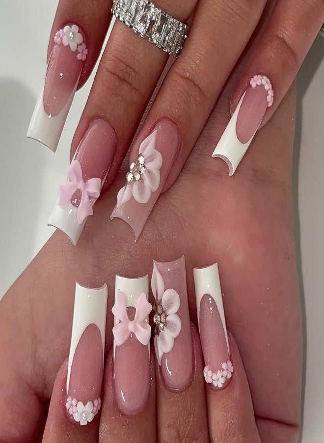Jremg White French Tip Press on Nails Long Square Fake Nails with 3D Flowers Rhinestones Designs Glossy Cute Pink Bow Charms False Nails Reusable Nude Pink Full Cover Glue on Nails for Women 24Pcs - Image 1