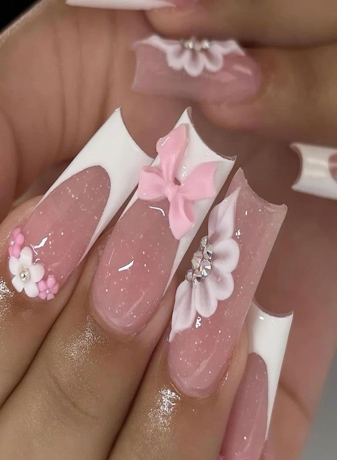 Jremg White French Tip Press on Nails Long Square Fake Nails with 3D Flowers Rhinestones Designs Glossy Cute Pink Bow Charms False Nails Reusable Nude Pink Full Cover Glue on Nails for Women 24Pcs - Image 3
