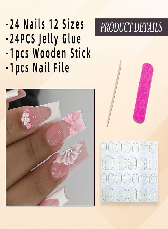 Jremg White French Tip Press on Nails Long Square Fake Nails with 3D Flowers Rhinestones Designs Glossy Cute Pink Bow Charms False Nails Reusable Nude Pink Full Cover Glue on Nails for Women 24Pcs - Image 2