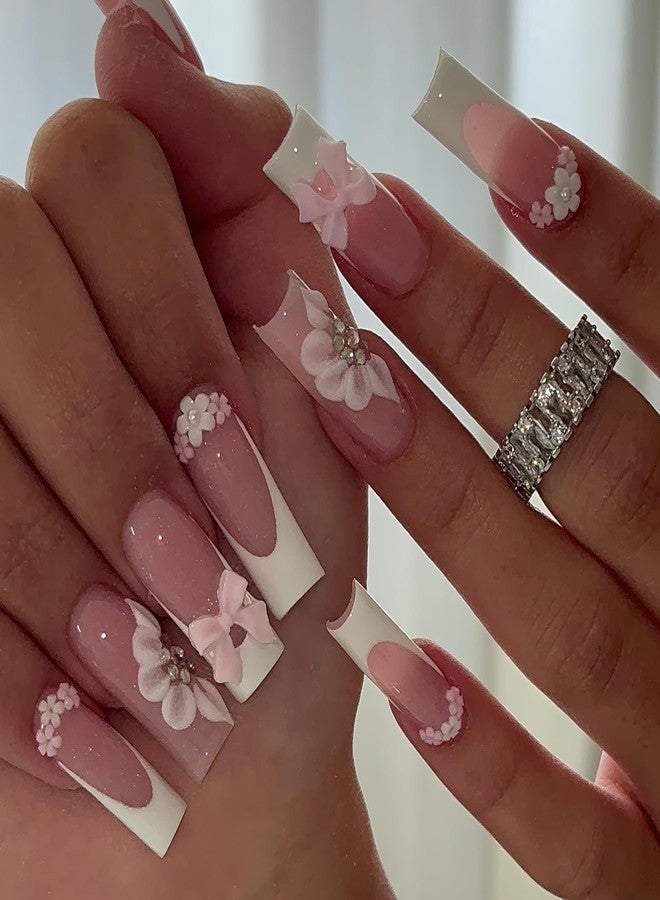 Jremg White French Tip Press on Nails Long Square Fake Nails with 3D Flowers Rhinestones Designs Glossy Cute Pink Bow Charms False Nails Reusable Nude Pink Full Cover Glue on Nails for Women 24Pcs - Image 4