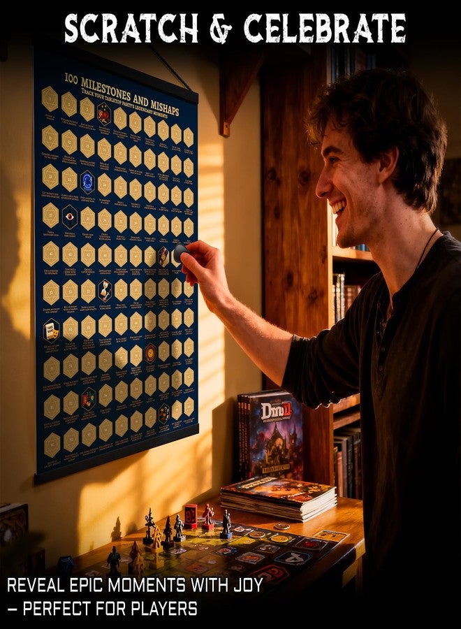 CZYY DND Achievements Scratch-Off Poster - 100 Milestones and Mishaps RPG Campaign Tracker Wall Art with Magnetic Hanger, Scratcher Kit - Fantasy Game Room Decor & Gift for TTRPG Players and DMs - Image 2