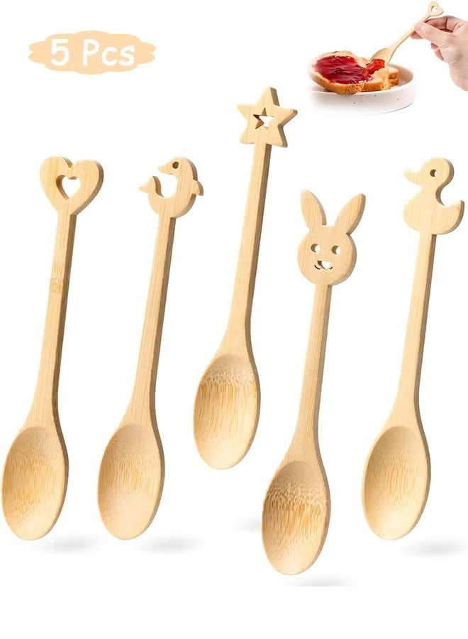 YJ 5 Pcs Small Wooden Spoons - Mini Wood Spoon with Cute Cartoon Handles - Smooth Bamboo Spoons for Honey, Tea & Spices, Wood Spoon for Eating & Stirring – Reliable Wooden Teaspoon Set - Image 1