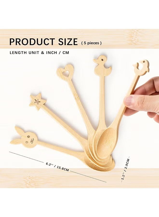 YJ 5 Pcs Small Wooden Spoons - Mini Wood Spoon with Cute Cartoon Handles - Smooth Bamboo Spoons for Honey, Tea & Spices, Wood Spoon for Eating & Stirring – Reliable Wooden Teaspoon Set - Image 2