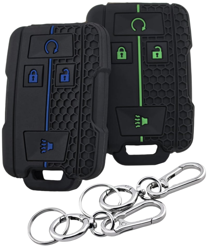 RUNZUIE 2Pcs 4 Buttons Silicone Smart Key Fob Cover for 20142019 GMC Canyon Sierra Yukon Chevrolet Chevy Colorado Silverado Suburban Tahoe Black with BlueGreen