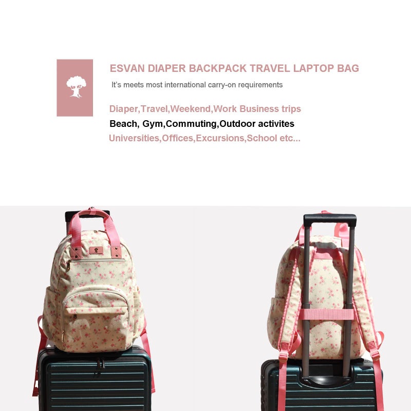 ESVAN Diaper Bag Backpack, Large Capacity Multifunction Baby Essentials Fashion Travel Pack Linen Canvas office Laptop Bag (Corduroy Cute Flower) - Image 5