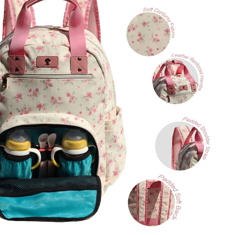ESVAN Diaper Bag Backpack, Large Capacity Multifunction Baby Essentials Fashion Travel Pack Linen Canvas office Laptop Bag (Corduroy Cute Flower) - Image 2