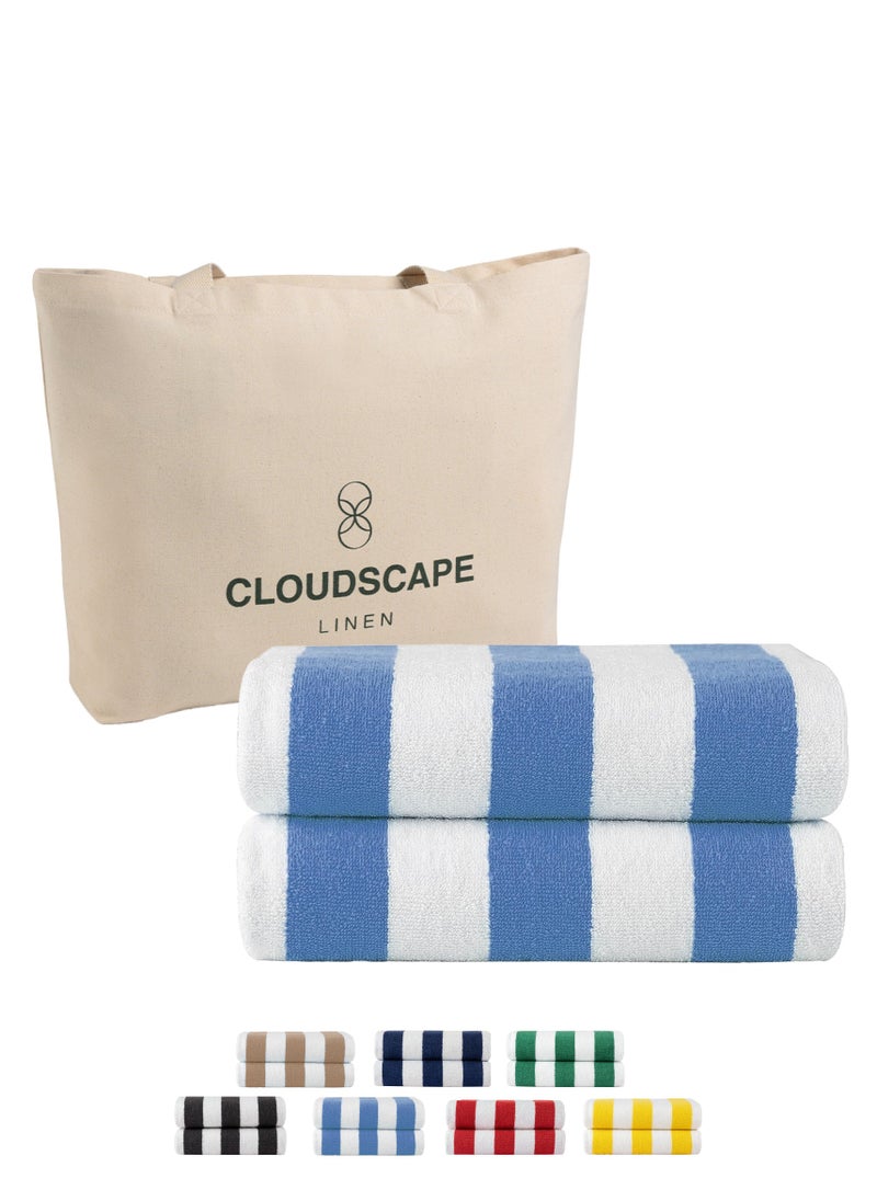Cloud Scape Linen Cabana Stripe Beach Towel Set Pack of 2, Oversized Soft Cotton Towel, Perfect for Beach ,30x60, Light Blue  - Image 1