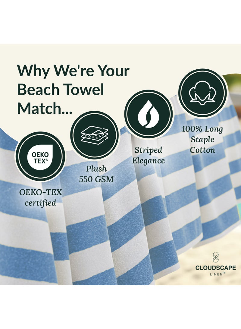 Cloud Scape Linen Cabana Stripe Beach Towel Set Pack of 2, Oversized Soft Cotton Towel, Perfect for Beach ,30x60, Light Blue - Image 4