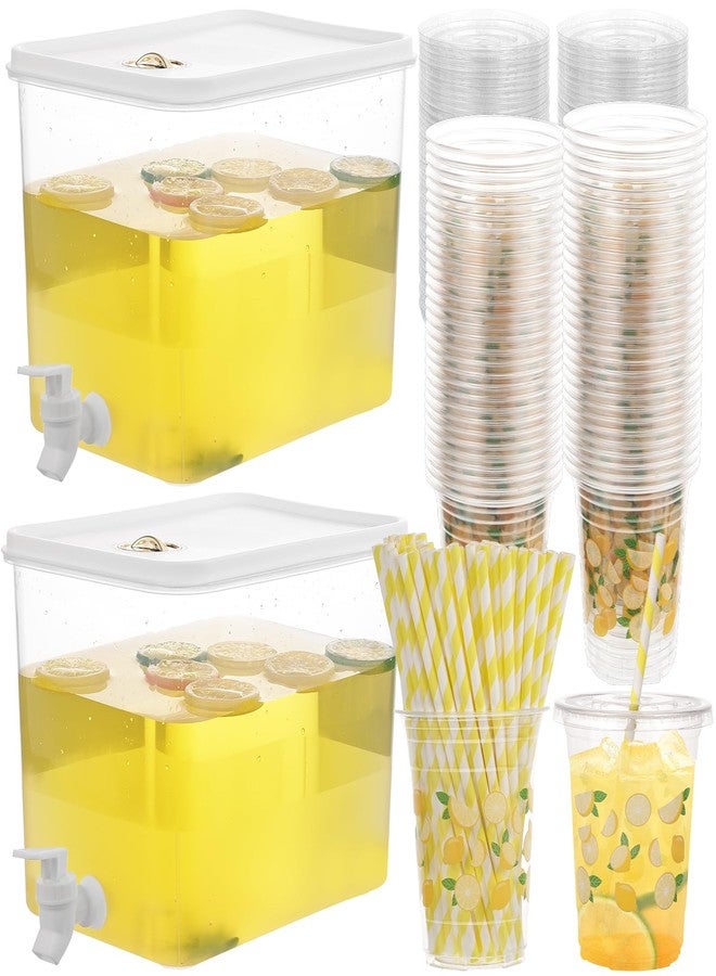 Foxtell Lemonade Stand Supplies Include 2 Pack 8.5L Plastic Drink Dispenser with Spigot 50 Sets Lemonade Cups with Lids and Paper Straws,17oz Disposable Iced Coffee Plastic Cup for Water Juice - Image 1