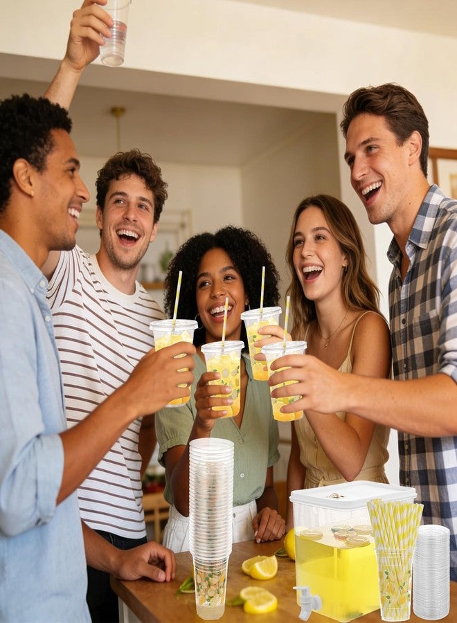 Foxtell Lemonade Stand Supplies Include 2 Pack 8.5L Plastic Drink Dispenser with Spigot 50 Sets Lemonade Cups with Lids and Paper Straws,17oz Disposable Iced Coffee Plastic Cup for Water Juice - Image 5