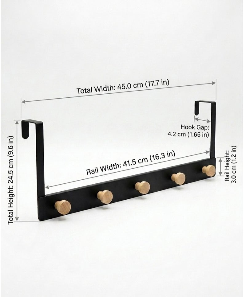 Rymel 5-Hook Over-the-Door Rack – Black Metal Organizer with Natural Wood Pegs for Coats, Towels & Bags – Space-Saving No-Drill Door Hanger - Image 3