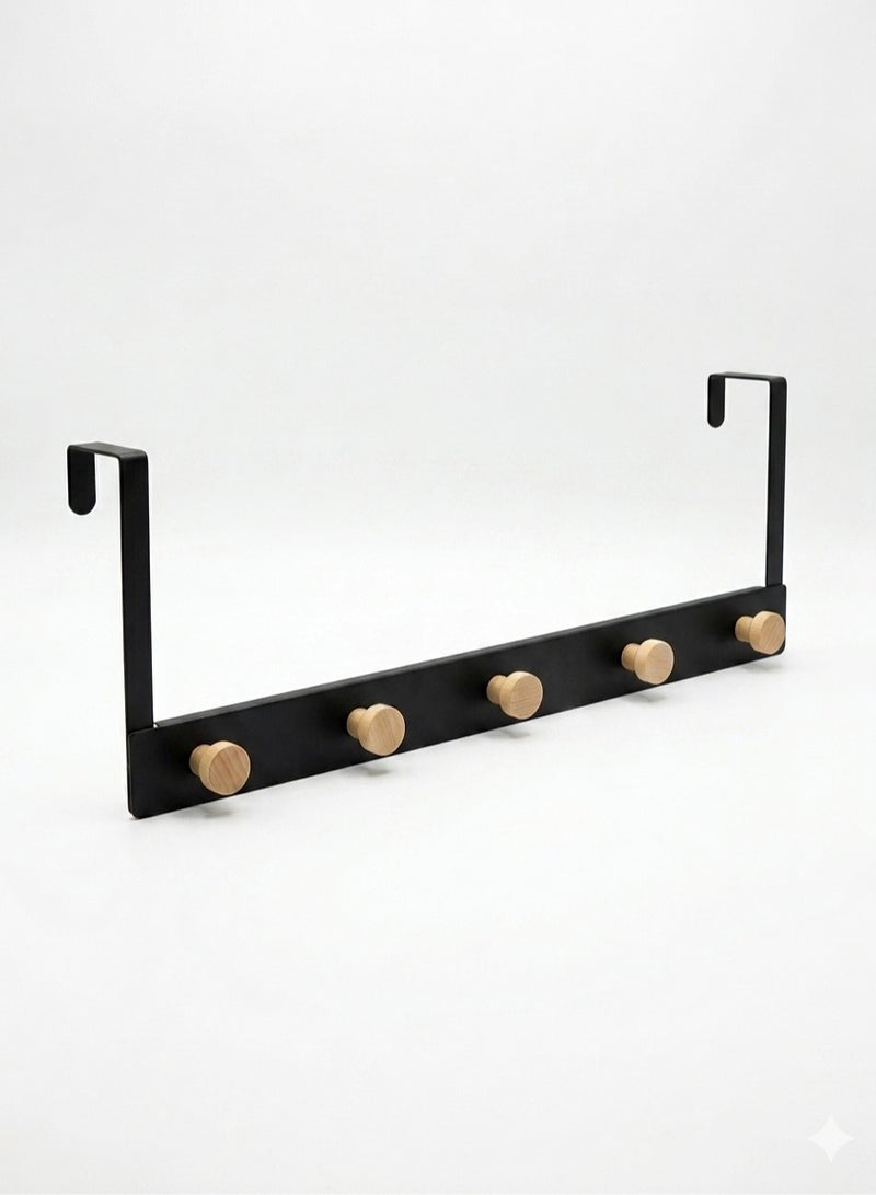 Rymel 5-Hook Over-the-Door Rack – Black Metal Organizer with Natural Wood Pegs for Coats, Towels & Bags – Space-Saving No-Drill Door Hanger - Image 1