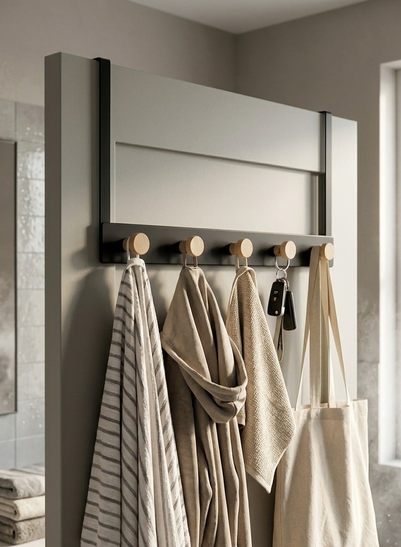 Rymel 5-Hook Over-the-Door Rack – Black Metal Organizer with Natural Wood Pegs for Coats, Towels & Bags – Space-Saving No-Drill Door Hanger - Image 2