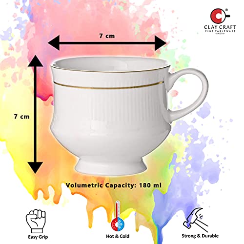 Clay Craft Ceramic Tea|Coffee Mug|Cup Set with Mona - 22K Gold Line, Special for Drink Tea, Coffee, Latte, 6-Pieces, White with Gold Lines, 180 ml (6 Piece Cups) - Image 4