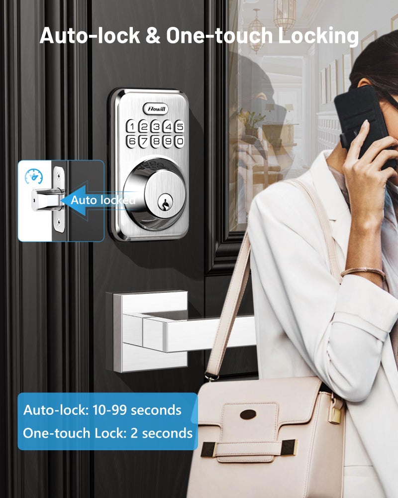 Zowill Keyless Entry Door Lock with 2 Lever Handles, Electronic Keypad Deadbolt, Auto-Locking, Anti-Peeping Password, Digital Code Door Lock, Front Door Handle Sets, Satin Nickel - Image 3
