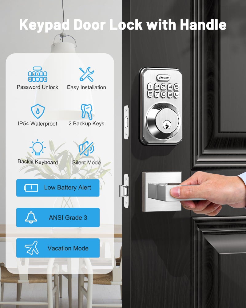 Zowill Keyless Entry Door Lock with 2 Lever Handles, Electronic Keypad Deadbolt, Auto-Locking, Anti-Peeping Password, Digital Code Door Lock, Front Door Handle Sets, Satin Nickel - Image 5