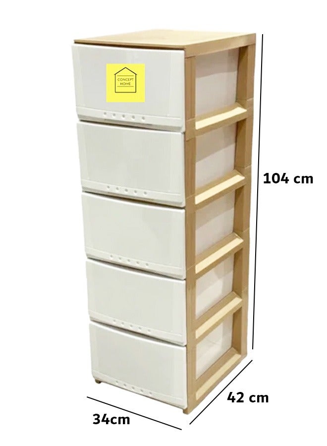 كونسيبت هوم خزانة ملابس بلاستيكية ٥ أدراج، سهلة التركيب، عالية الجودة، صناعة سعودية، مقاس كبير ٤٢ × ١٠٤ × ٣٤ سم، أبيض/بيج - Image 4