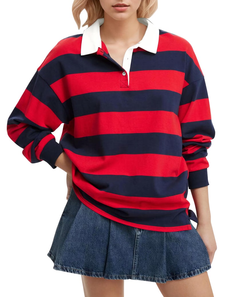 Meladyan Womens Striped Polo Sweatshirt Oversized Long Sleeve Lapel V Neck Pullover Shirt Loose Fit Collar Y2K Streetwear Blouses Red-Blue - Image 1