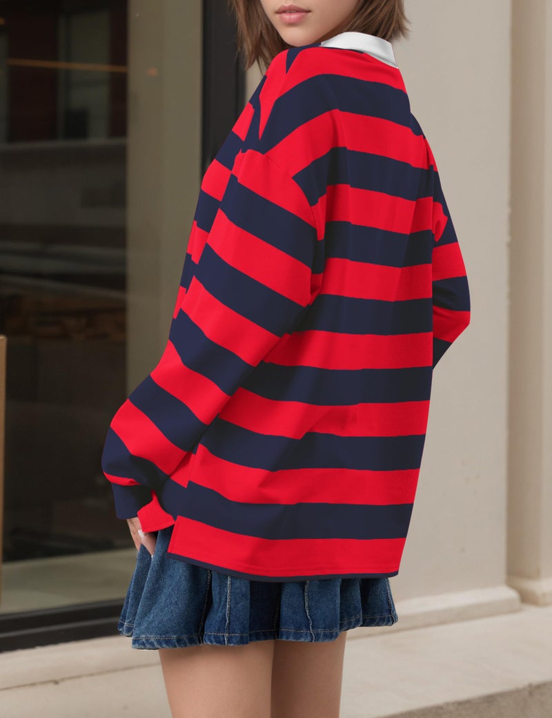 Meladyan Womens Striped Polo Sweatshirt Oversized Long Sleeve Lapel V Neck Pullover Shirt Loose Fit Collar Y2K Streetwear Blouses Red-Blue - Image 3