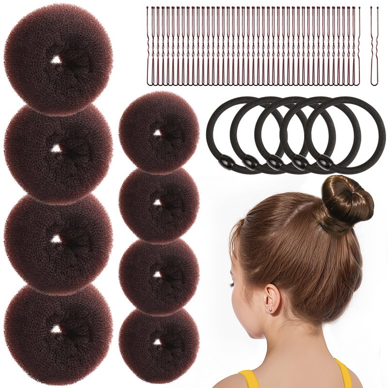 FANDAMEI Hair Bun Maker for Kids, 4PCS Donut Bun Maker Small with 4PCS Extra Small Hair Buns Kit. Ballet Hair Bun Maker for Kids, Hair Bun Set with Elastic Hair Ties, Hair Pins.(Brown) - Image 1