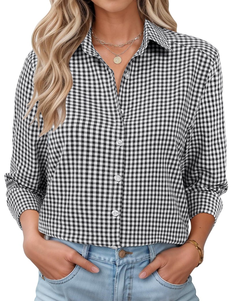 LOMON Womens Long Sleeve Button Down Shirts Cotton Gauze Tops Loose Fit Casual Collared Blouses Black and White Plaid XL - Image 1