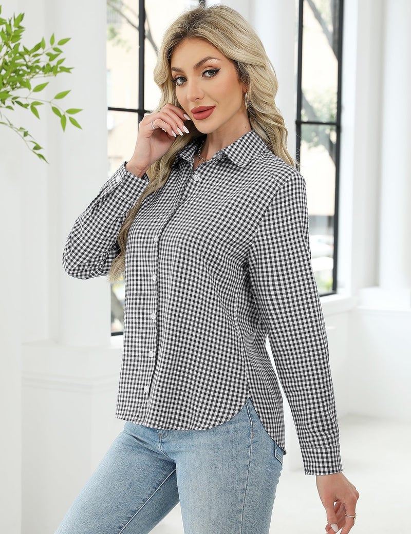 LOMON Womens Long Sleeve Button Down Shirts Cotton Gauze Tops Loose Fit Casual Collared Blouses Black and White Plaid XL - Image 4