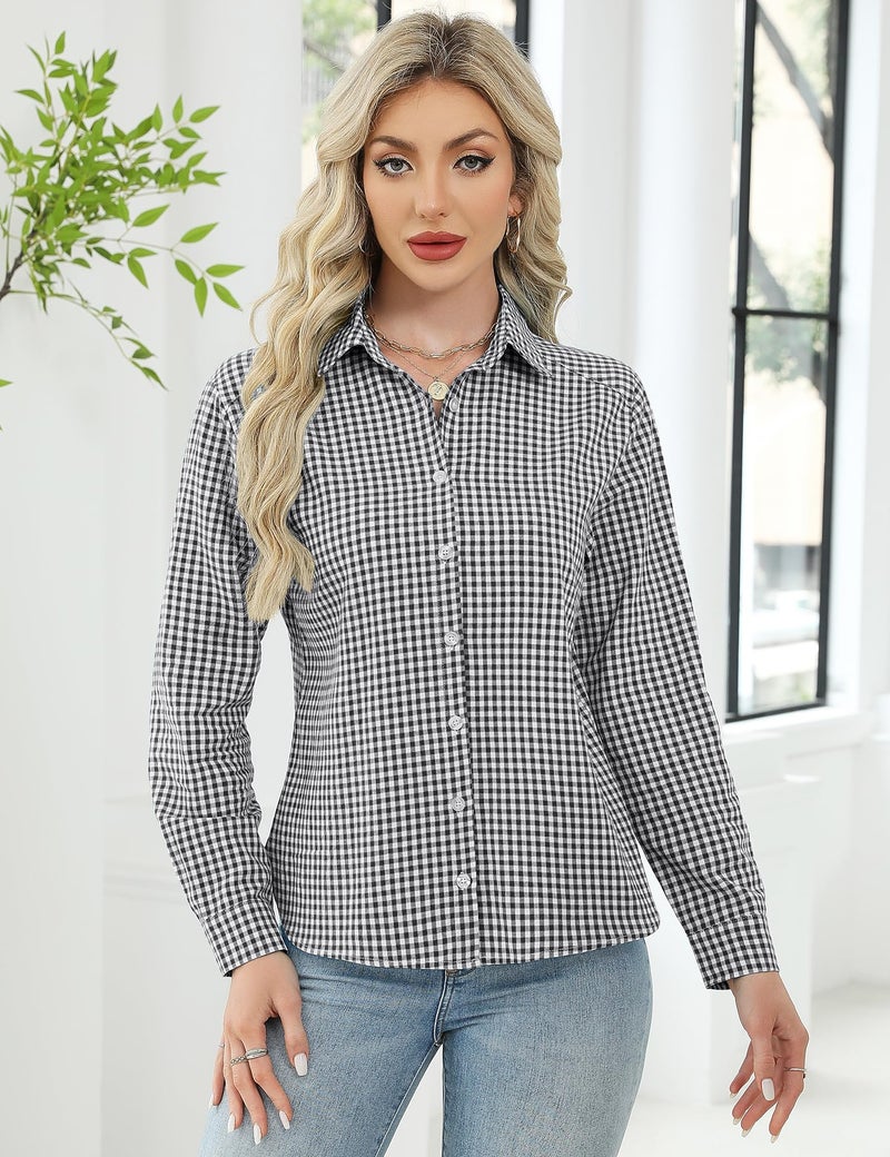 LOMON Womens Long Sleeve Button Down Shirts Cotton Gauze Tops Loose Fit Casual Collared Blouses Black and White Plaid XL - Image 3