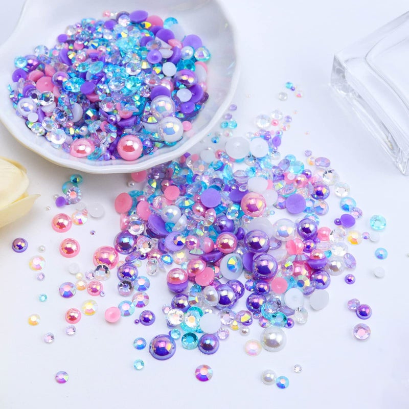 Briskbloom 60g Mix Flatback Pearls and Rhinestones for Crafts, 2mm-10mm for Nails Face Art Tumblers, With Tweezers Wax Pen, Pink|Purple|White - Image 3