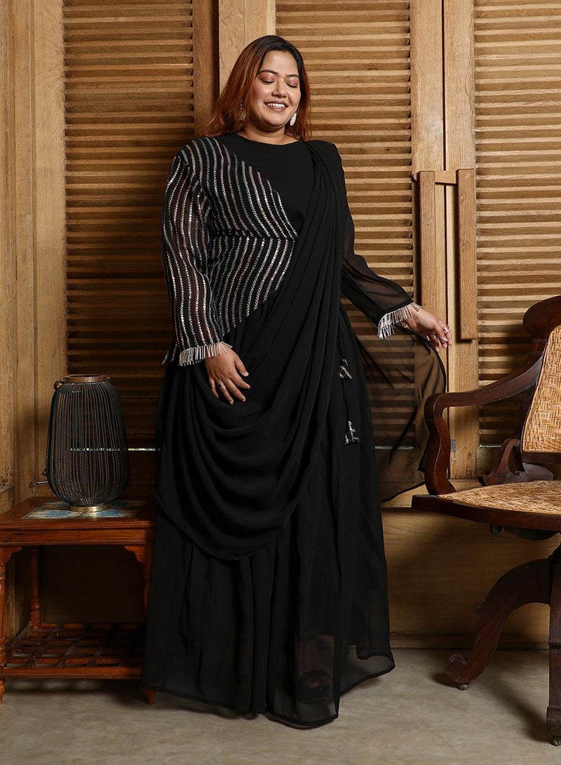 Instafab Plus Women's Midnight Black Embellished Lined Pre-Draped Saree  - Image 5