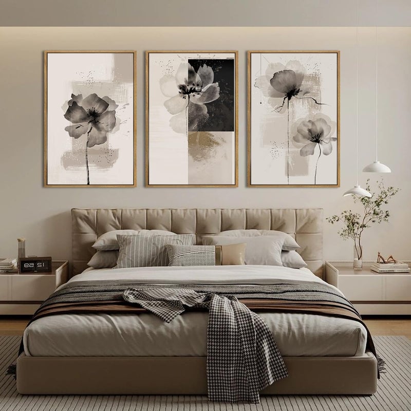 IARTTOP Extra Large Black Neutral Framed Wall Art 24x36 Inch Beige Tan Abstract Floral Canvas Wall Decor Set of 3 Minimalist Modern White Flower Art Prints for Living room Bedroom - Image 3