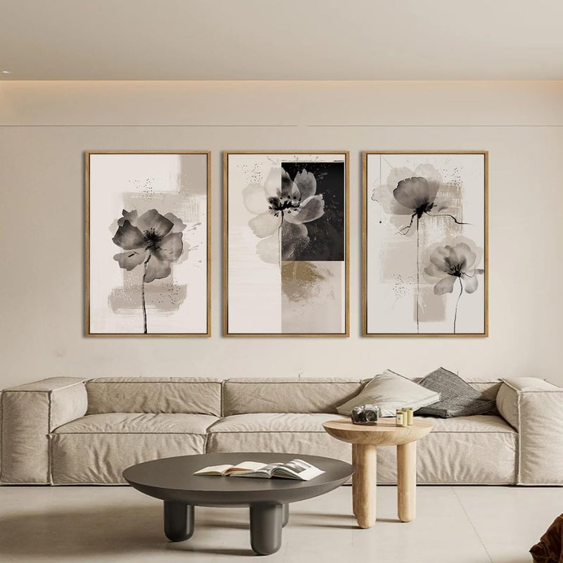 IARTTOP Extra Large Black Neutral Framed Wall Art 24x36 Inch Beige Tan Abstract Floral Canvas Wall Decor Set of 3 Minimalist Modern White Flower Art Prints for Living room Bedroom - Image 2