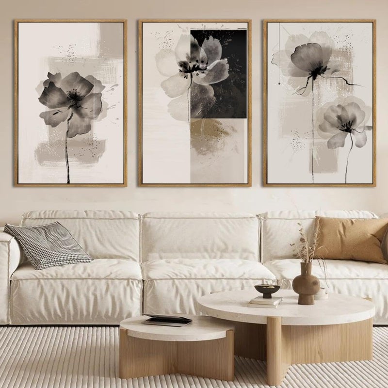 IARTTOP Extra Large Black Neutral Framed Wall Art 24x36 Inch Beige Tan Abstract Floral Canvas Wall Decor Set of 3 Minimalist Modern White Flower Art Prints for Living room Bedroom - Image 1