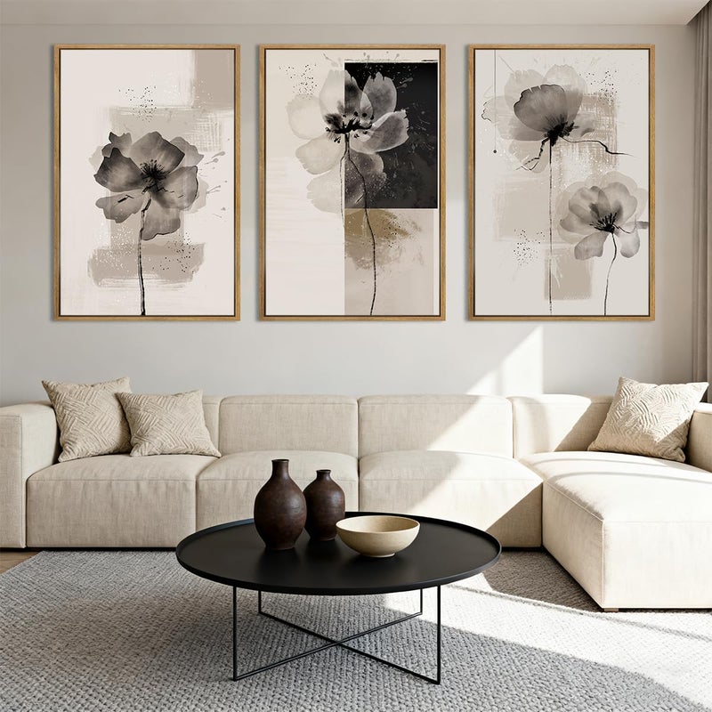 IARTTOP Extra Large Black Neutral Framed Wall Art 24x36 Inch Beige Tan Abstract Floral Canvas Wall Decor Set of 3 Minimalist Modern White Flower Art Prints for Living room Bedroom - Image 5