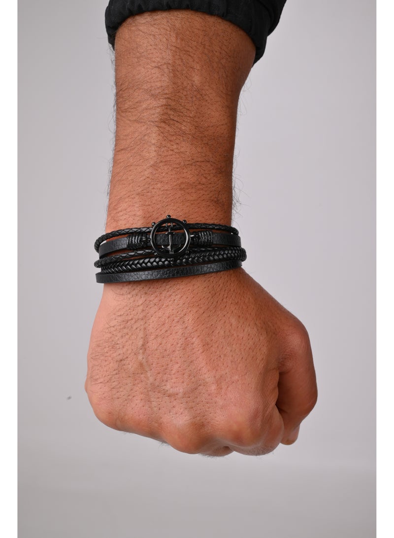 Akhet Men's natural leather bracelet in the shape of a compound heart, suitable for all ages, black color - Image 1