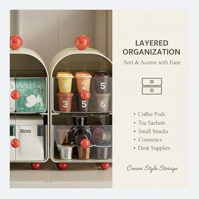 كاست ويف منظم أدراج أكياس الشاي، حامل تخزين كبسولات القهوة والسكر، طبقتين، صندوق شاي للمطبخ، رف لأكياس الشاي، للخزانة وسطح العمل، يوفر المساحة، متعدد الأغراض، أبيض - Image 5