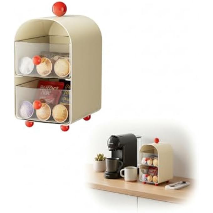 كاست ويف منظم أدراج أكياس الشاي، حامل تخزين كبسولات القهوة والسكر، طبقتين، صندوق شاي للمطبخ، رف لأكياس الشاي، للخزانة وسطح العمل، يوفر المساحة، متعدد الأغراض، أبيض - Image 1