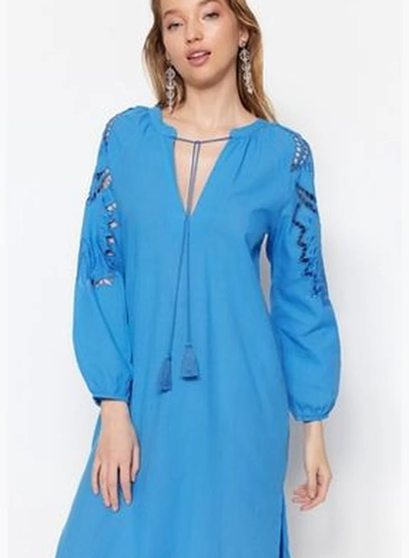 trendyol Blue Midi Woven Kimono&Caftan 100% Cotton with Tassels TBESS21KM0004
