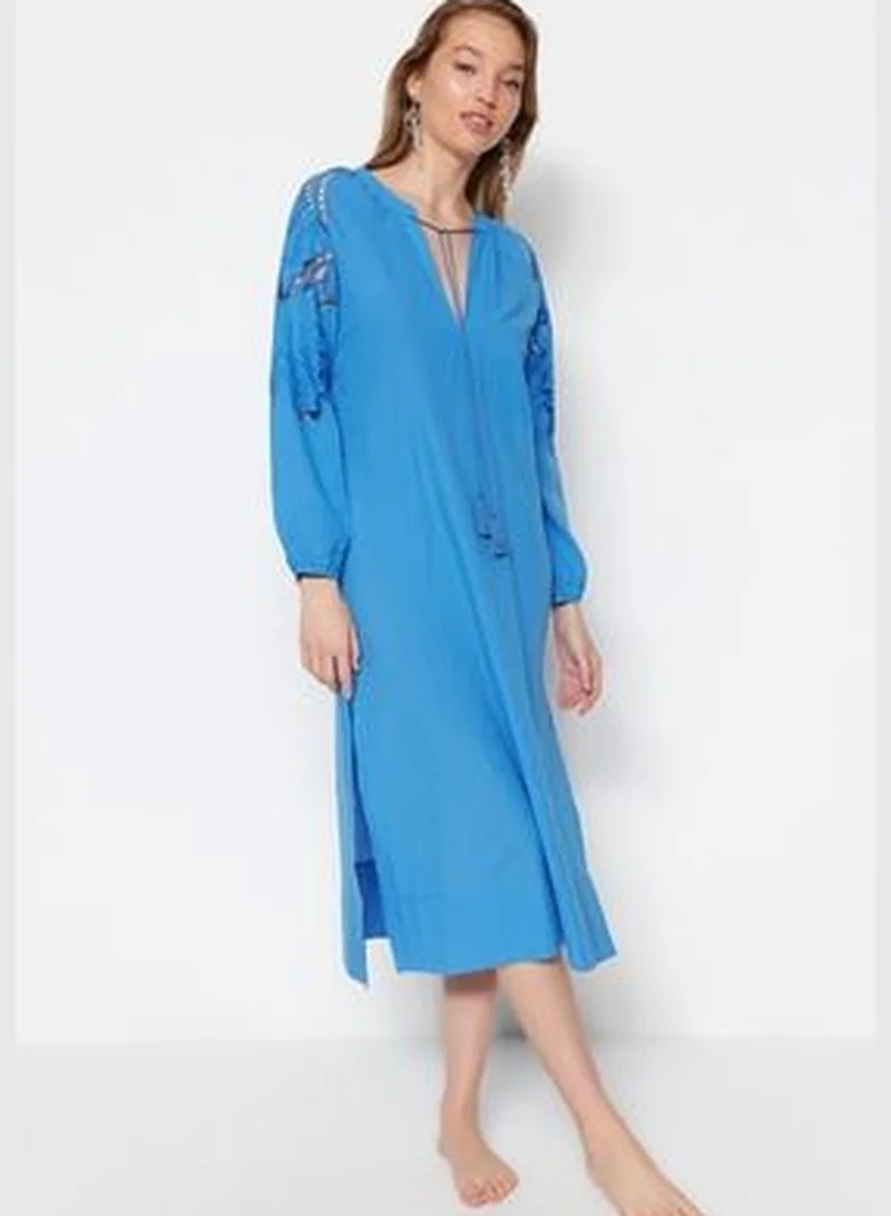 trendyol Blue Midi Woven Kimono&Caftan 100% Cotton with Tassels TBESS21KM0004