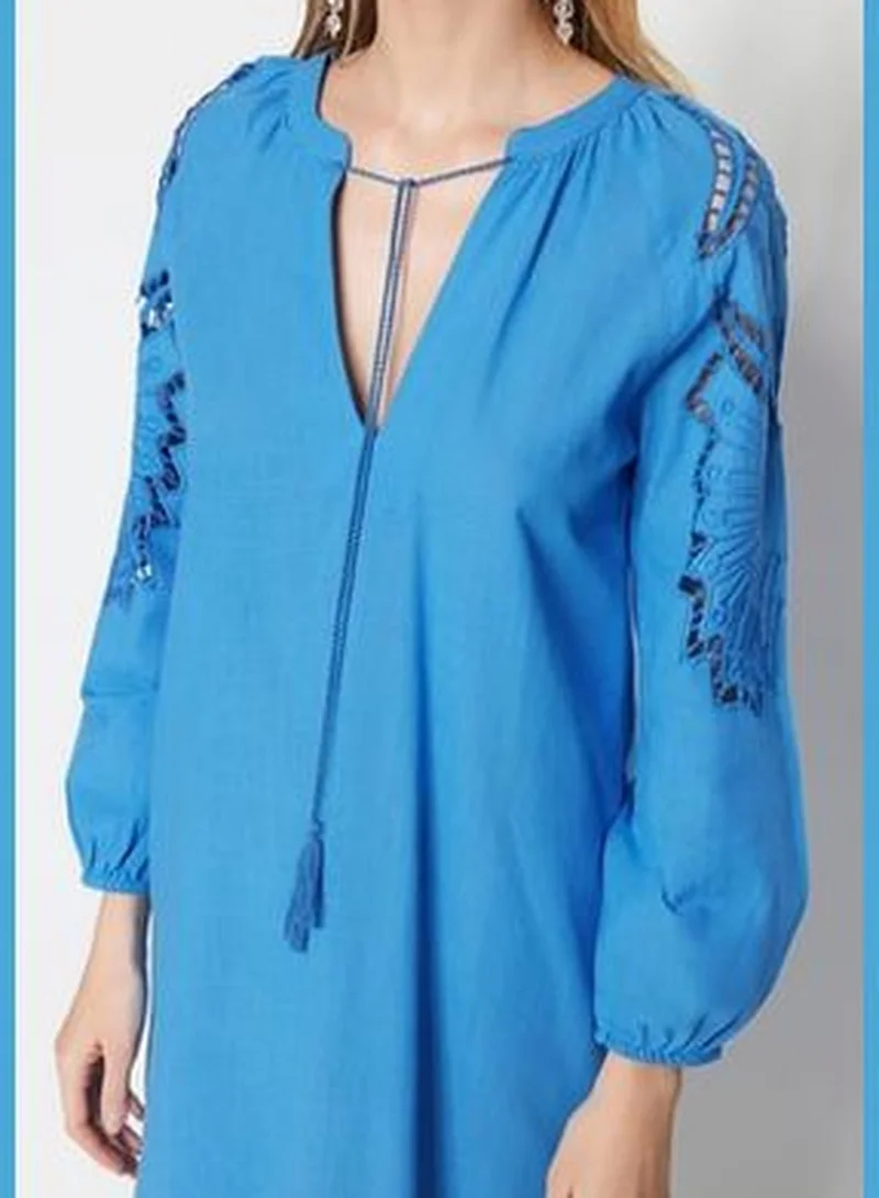 trendyol Blue Midi Woven Kimono&Caftan 100% Cotton with Tassels TBESS21KM0004