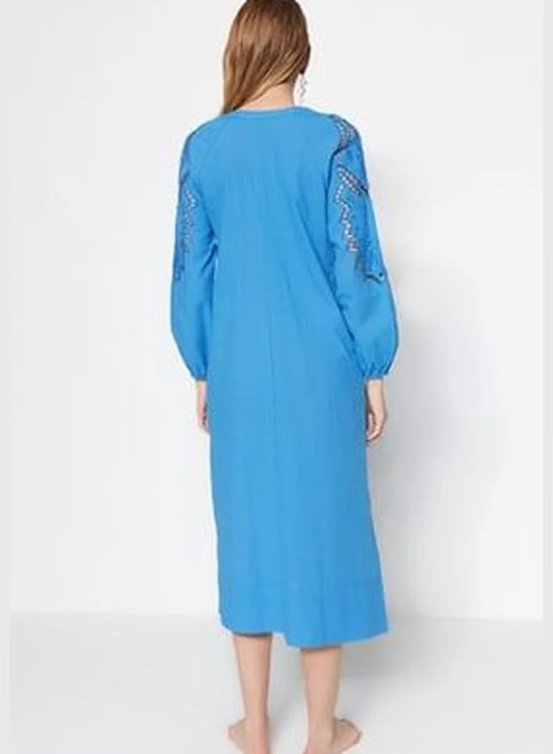 trendyol Blue Midi Woven Kimono&Caftan 100% Cotton with Tassels TBESS21KM0004