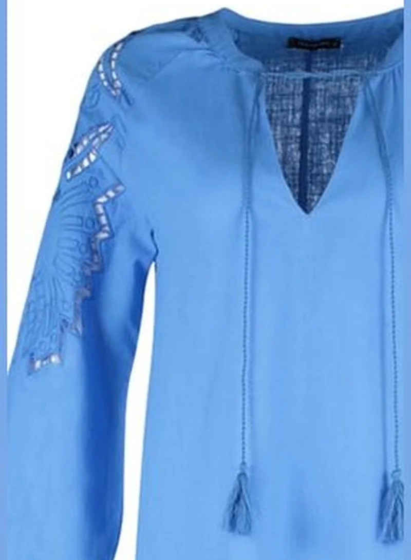 trendyol Blue Midi Woven Kimono&Caftan 100% Cotton with Tassels TBESS21KM0004