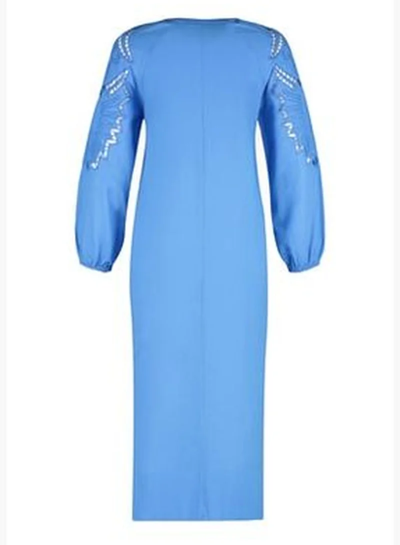 trendyol Blue Midi Woven Kimono&Caftan 100% Cotton with Tassels TBESS21KM0004