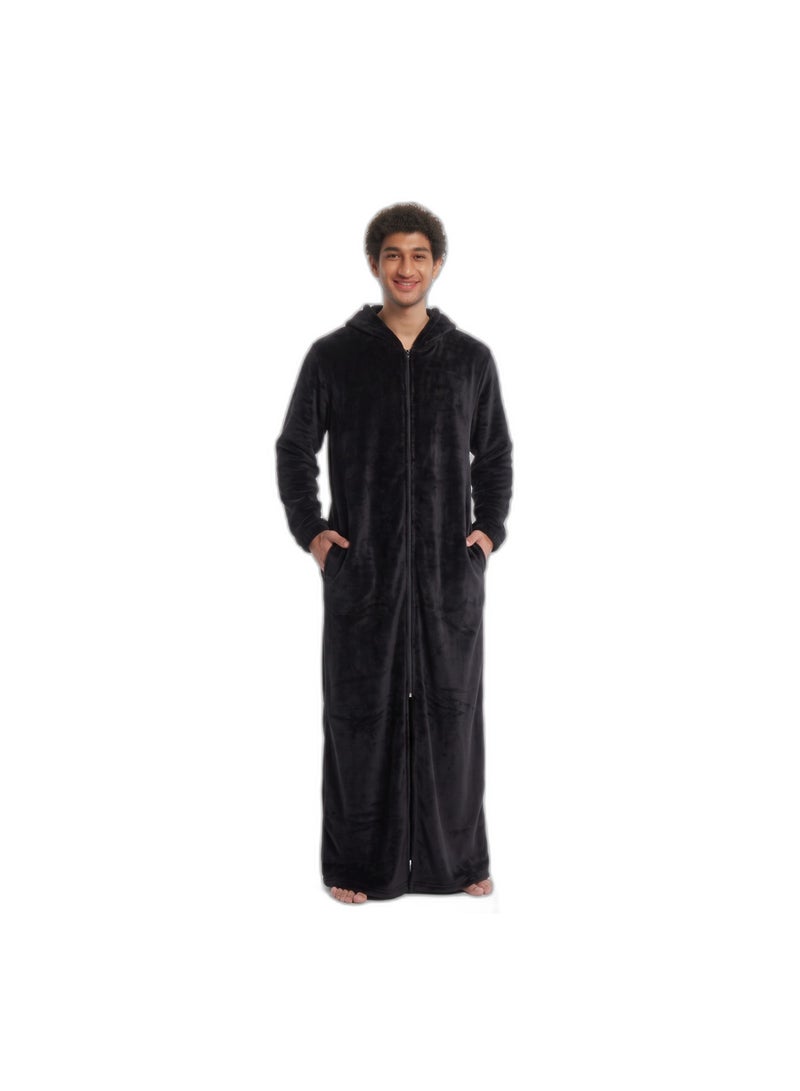 Men's Long Hooded Fleece Robe - Full Zip Plush Lounge Robe with Side Pockets and Elastic Cuffs - Black